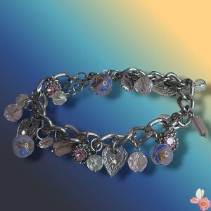 Chunky Heart Charm Bracelet Glass & Crystal Beads Pink Statement Silver